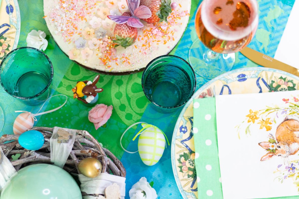 Easter coffee table setting in teal and gold