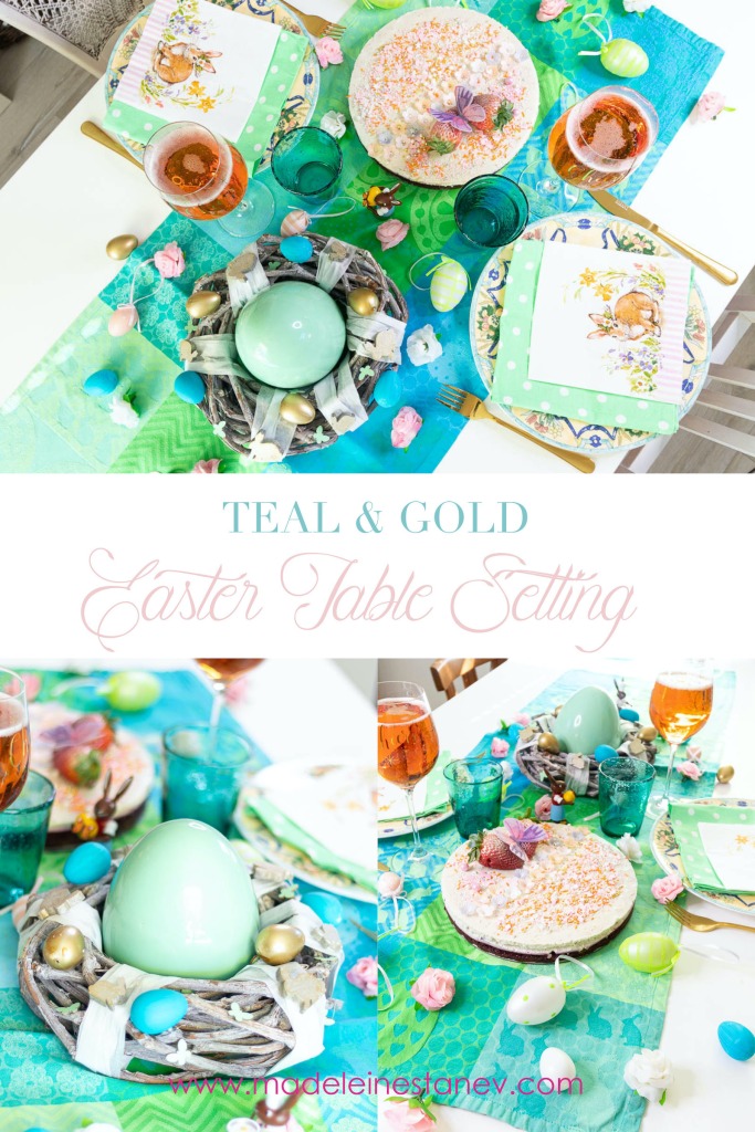 teal and gold easter table setting Pinterest