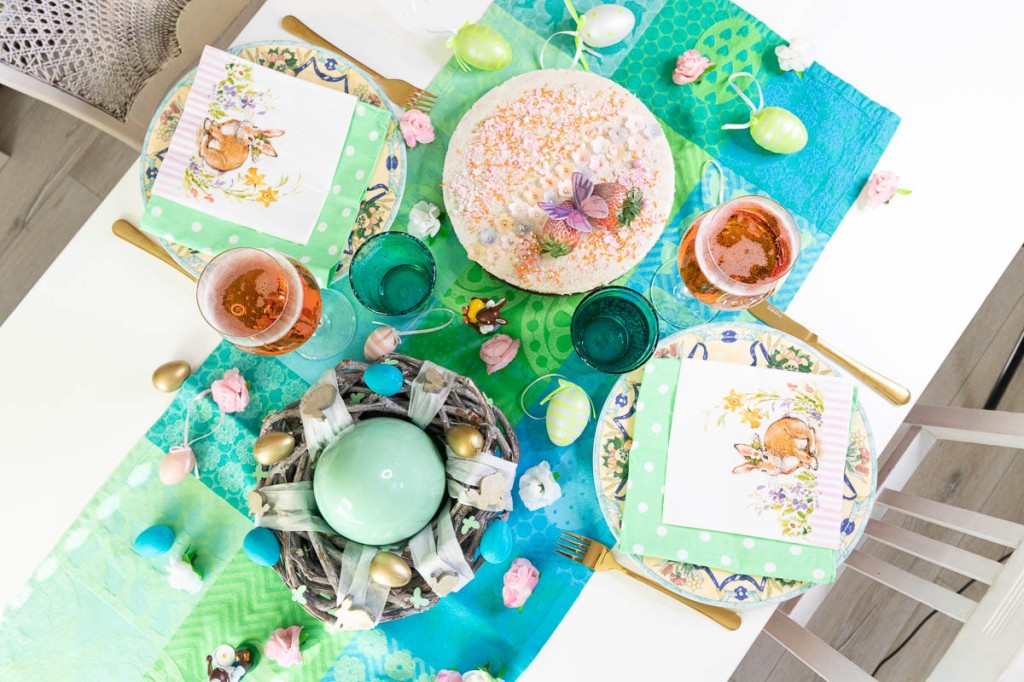 teal and gold Easter table setting for a beautiful Easter Sunday